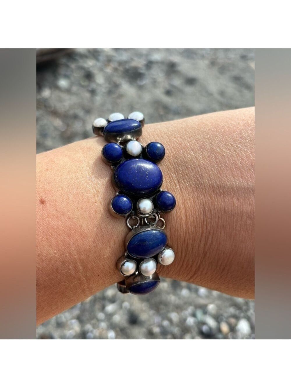 VINTAGE Large Lapis Lazuli Genuine Pearl Sterling Silver 925 Art Deco Bracelet
